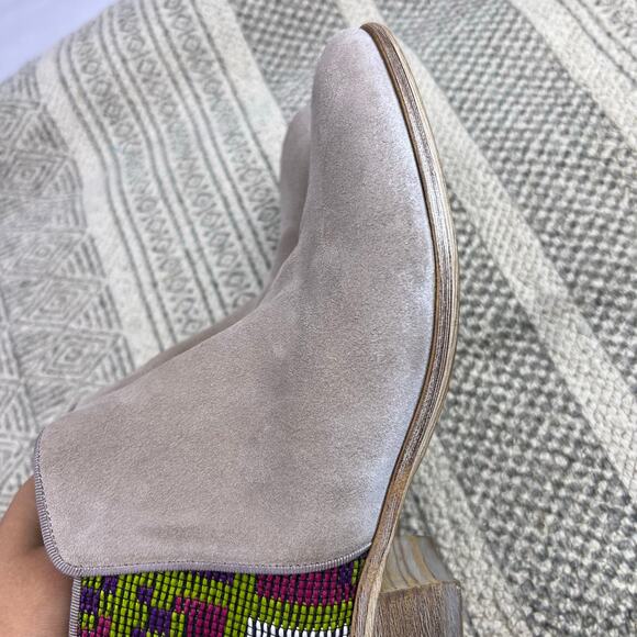 Sam Edelman, Putnam Taupe Suede Booties, Colorful Woven Back, Boho Western Ankle - Picture 9 of 11